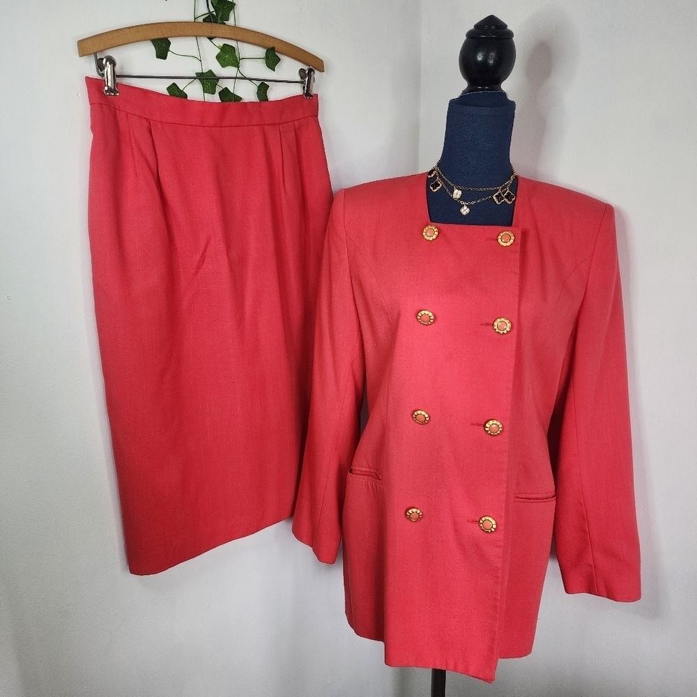 Vintage Coral Red Orange Oleg Cassini Skirt and Blazer Suit Set